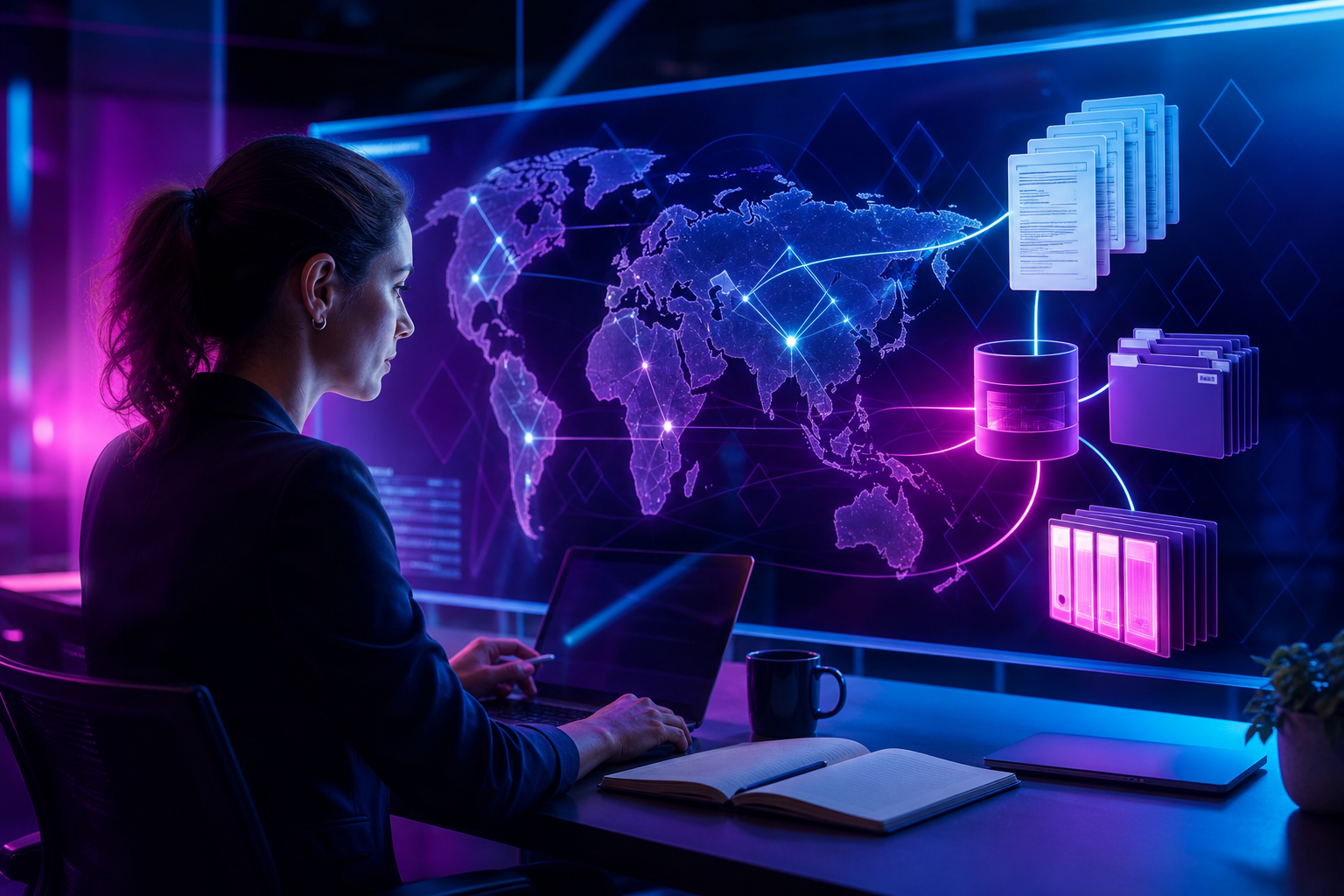 mapa de mercados internacionais ligado a documentos técnicos, glossários e memórias de tradução num fluxo centralizado