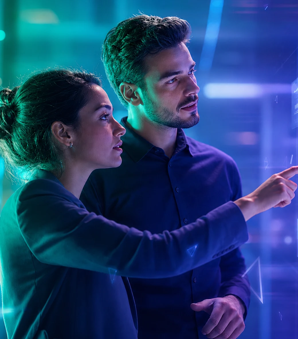 Dois especialistas a analisar dados multilingues num ecrã