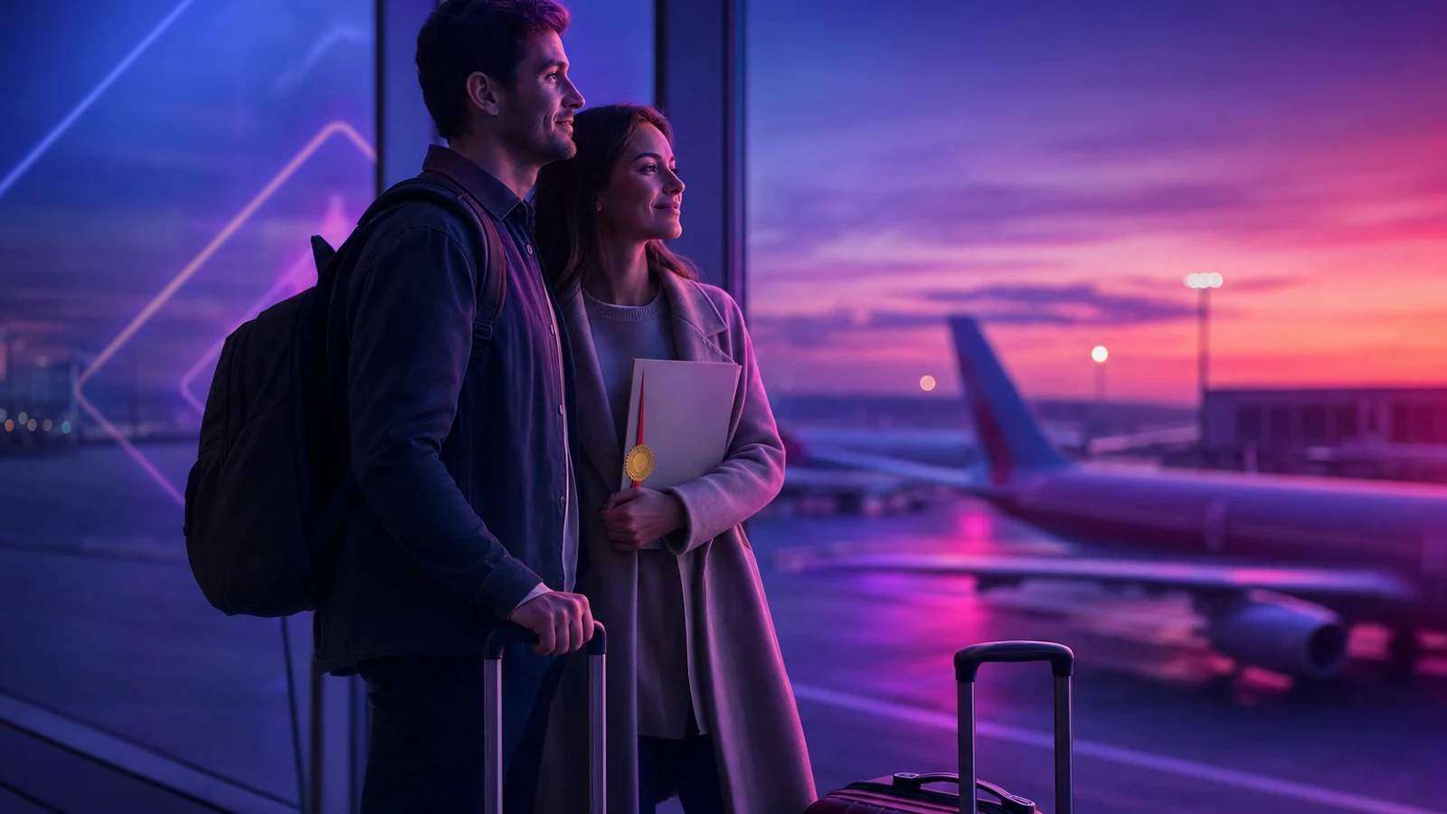 Couple with suitcases at an airport window at dusk, holding a folder with an official sealed certificate, ready for a new life abroad