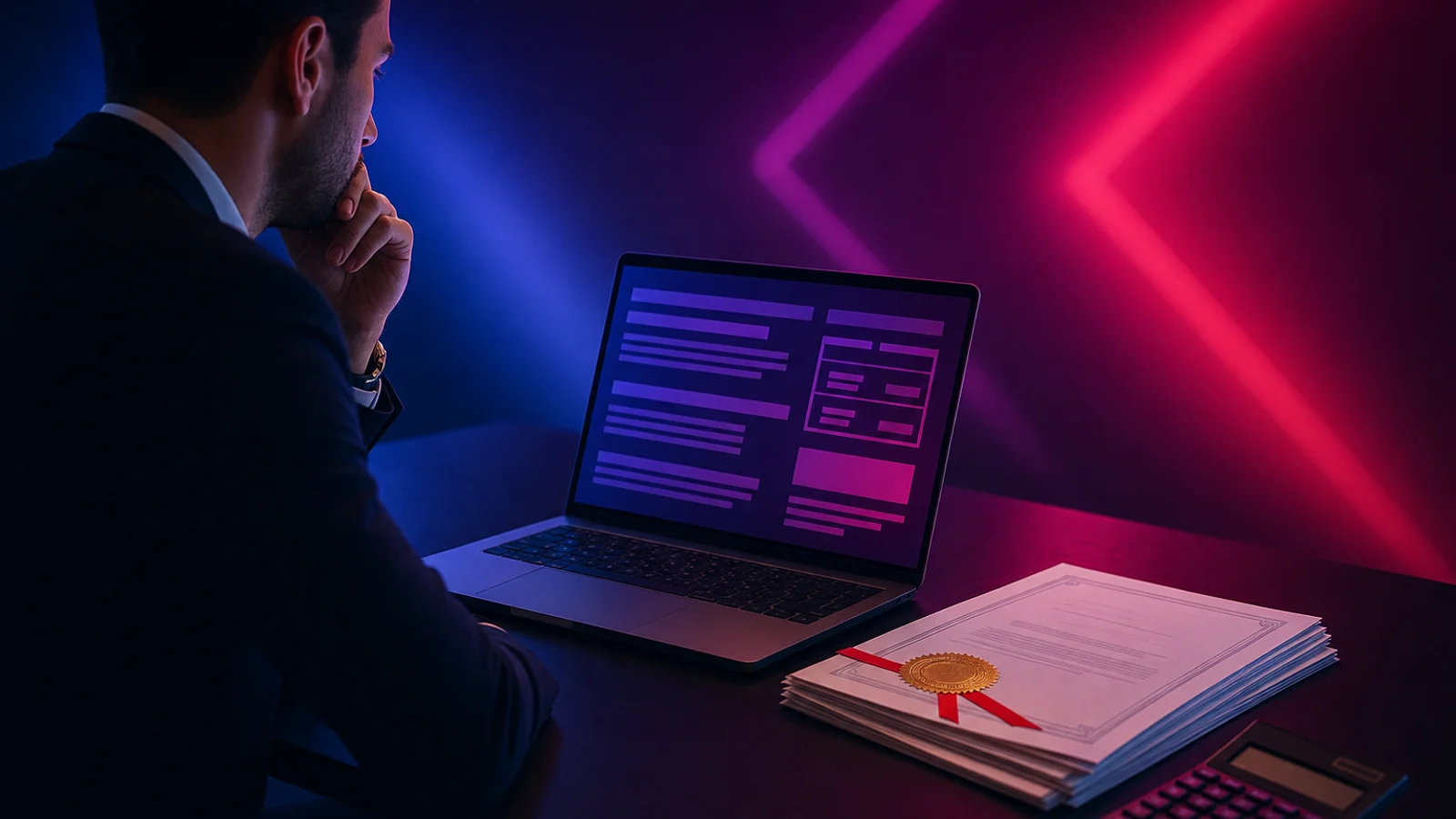 Gestor de projeto a analisar um orçamento no portátil, com certidões com selo e uma calculadora na secretária